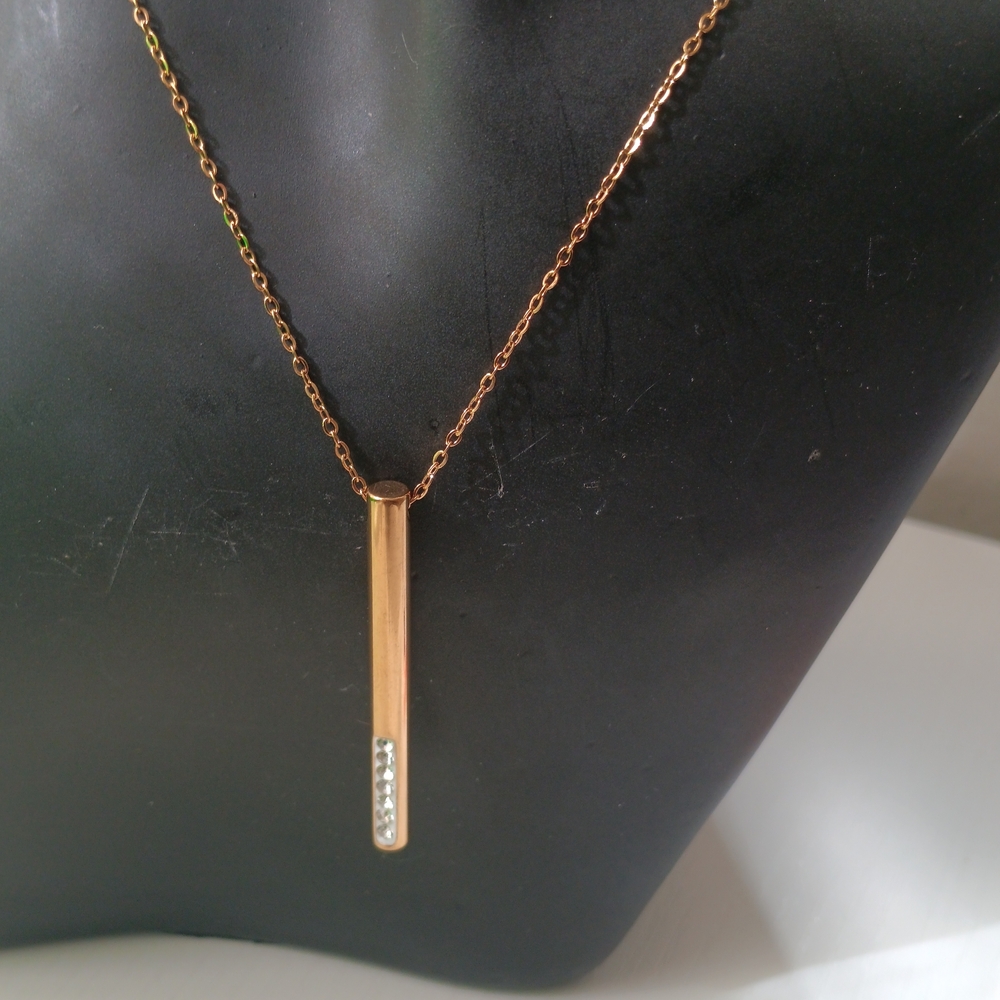 Rose Gold Vertical Bar Pendant Necklace with Crystal Accent